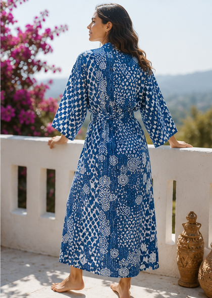 Vintage Kantha Kimono Robe — Handmade Cotton Dressing Gown