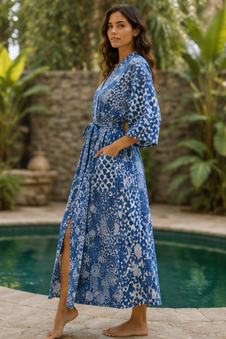 Vintage Kantha Kimono Robe — Handmade Cotton Dressing Gown