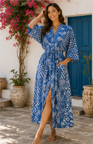 Vintage Kantha Kimono Robe — Handmade Cotton Dressing Gown