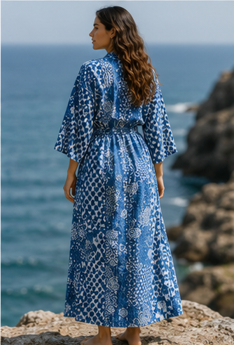 Vintage Kantha Kimono Robe — Handmade Cotton Dressing Gown