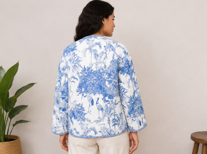 Floral Cotton Kantha Quilt Blue Jacket for Women – Handmade - kraafty-com