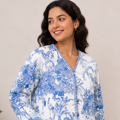 Floral Cotton Kantha Quilt Blue Jacket for Women – Handmade - kraafty-com