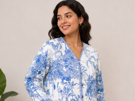 Floral Cotton Kantha Quilt Blue Jacket for Women – Handmade - kraafty-com