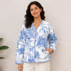 Floral Cotton Kantha Quilt Blue Jacket for Women – Handmade - kraafty-com