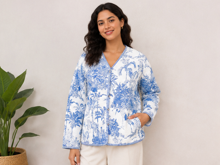Floral Cotton Kantha Quilt Blue Jacket for Women – Handmade - kraafty-com