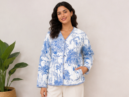 Floral Cotton Kantha Quilt Blue Jacket for Women – Handmade - kraafty-com