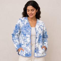 Floral Cotton Kantha Quilt Blue Jacket for Women – Handmade - kraafty-com