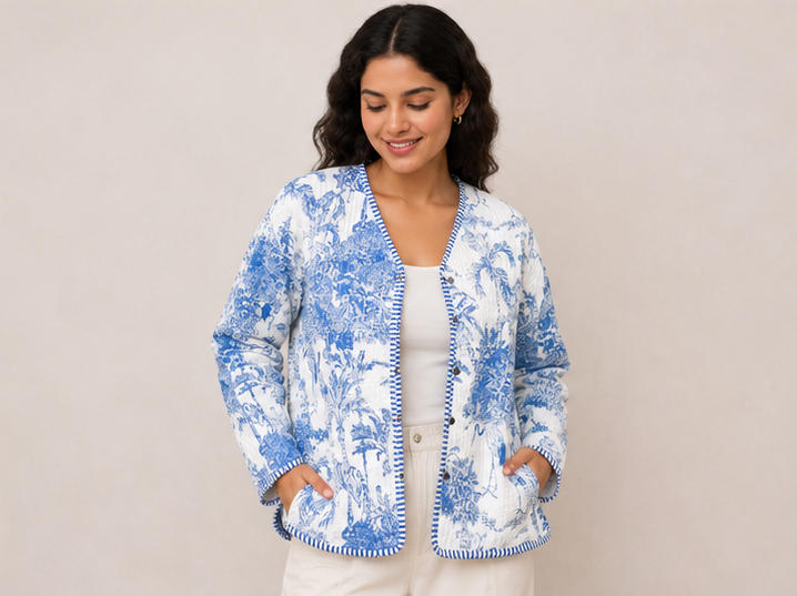 Floral Cotton Kantha Quilt Blue Jacket for Women – Handmade - kraafty-com