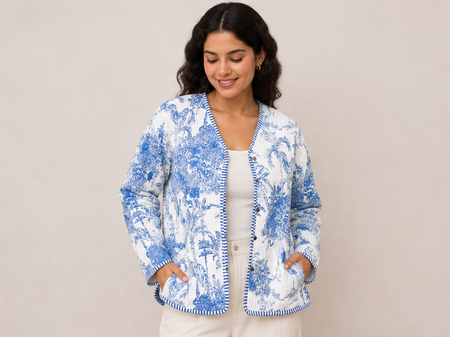 Floral Cotton Kantha Quilt Blue Jacket for Women – Handmade - kraafty-com
