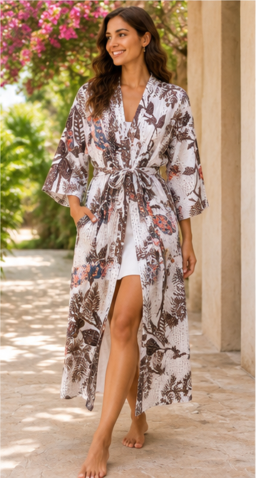 Vintage Kantha Quilt Kimono Robe — Handmade Cotton Dressing Gown
