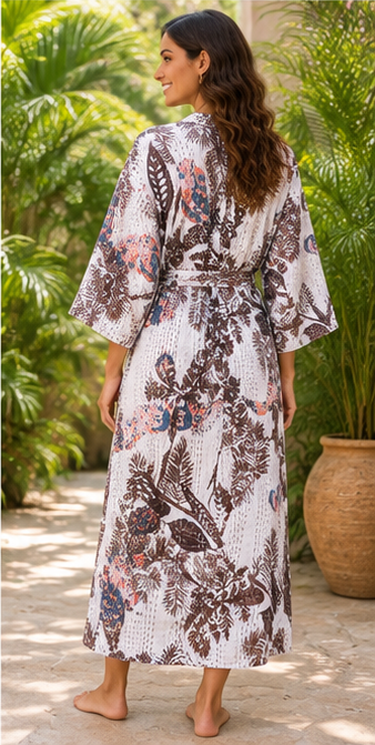 Vintage Kantha Quilt Kimono Robe — Handmade Cotton Dressing Gown