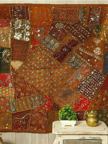 Beaded Tapestry Wall Hanging - Bohemian Vintage Cotton Embroidered Patchwork Home Decor - 6