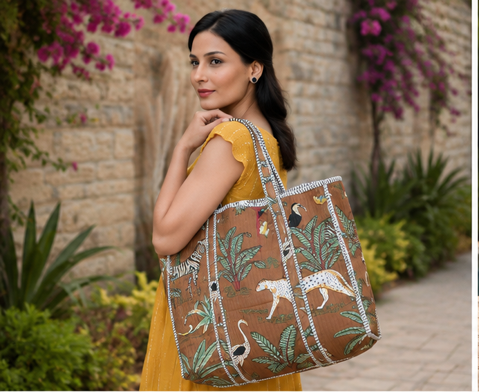 Eco-Friendly Cotton Tote Bag | Quilted, Reversible, Handmade Beach Brown Tote - kraafty-com