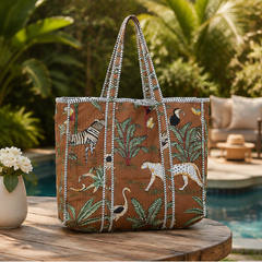 Eco-Friendly Cotton Tote Bag | Quilted, Reversible, Handmade Beach Brown Tote - kraafty-com