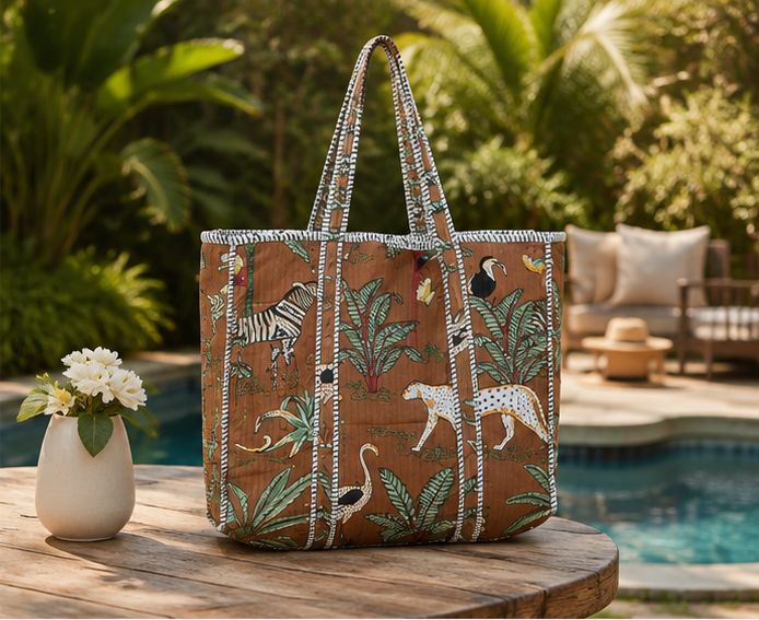 Eco-Friendly Cotton Tote Bag | Quilted, Reversible, Handmade Beach Brown Tote - kraafty-com