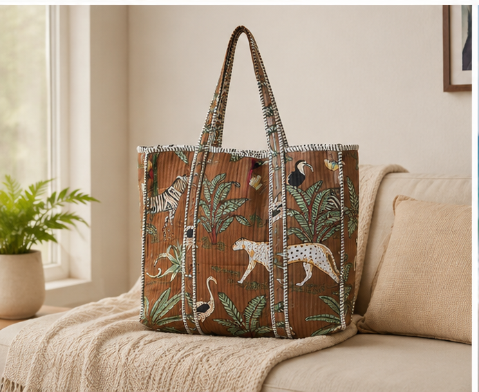 Eco-Friendly Cotton Tote Bag | Quilted, Reversible, Handmade Beach Brown Tote - kraafty-com