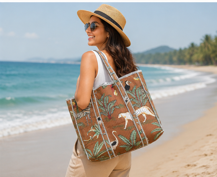Eco-Friendly Cotton Tote Bag | Quilted, Reversible, Handmade Beach Brown Tote - kraafty-com