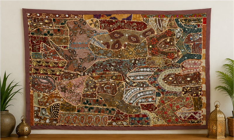 Large Cotton Wall Tapestry — Khambhadiya Boho Bedroom Brown Decor
