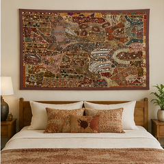 Large Cotton Wall Tapestry — Khambhadiya Boho Bedroom Brown Decor