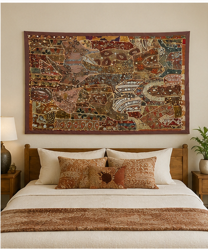 Large Cotton Wall Tapestry — Khambhadiya Boho Bedroom Brown Decor