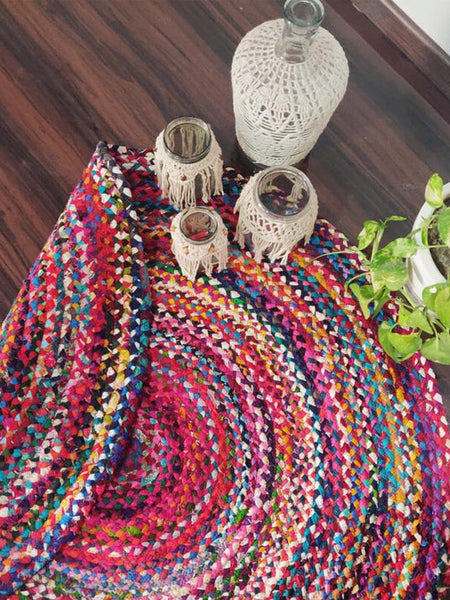 Rag Rug in Colorful Chindi Braided Contemporary Colorful Design Reversible Round
