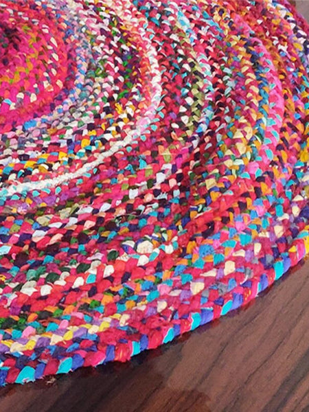 Rag Rug in Colorful Chindi Braided Contemporary Colorful Design Reversible Round