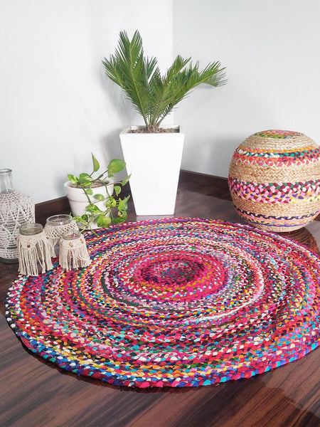 Rag Rug in Colorful Chindi Braided Contemporary Colorful Design Reversible Round