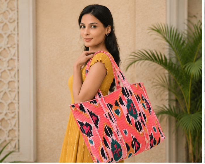 Cotton Tote Bag for Women | Quilted, Reversible & Handmade Beach Orange Tote - kraafty-com