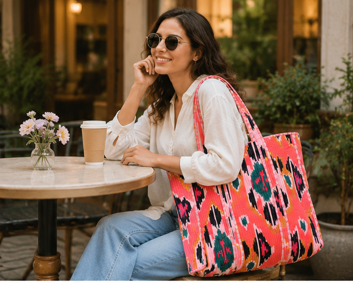 Cotton Tote Bag for Women | Quilted, Reversible & Handmade Beach Orange Tote - kraafty-com