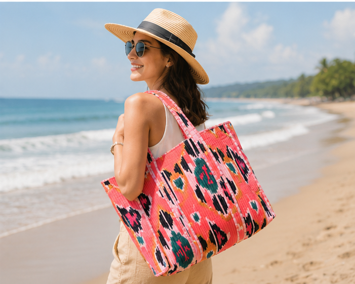 Cotton Tote Bag for Women | Quilted, Reversible & Handmade Beach Orange Tote - kraafty-com