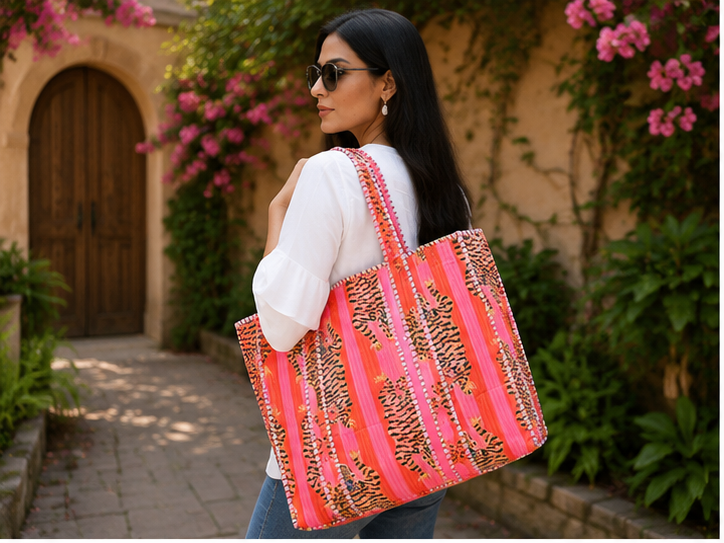 Cotton Tote Bag for Women | Sustainable Quilted Beach & Everyday Pink Tote