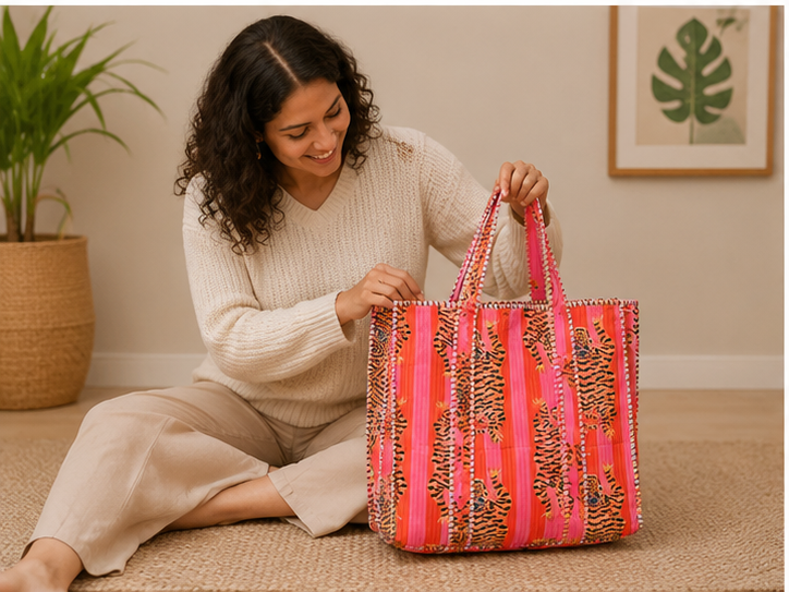 Cotton Tote Bag for Women | Sustainable Quilted Beach & Everyday Pink Tote
