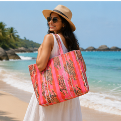 Cotton Tote Bag for Women | Sustainable Quilted Beach & Everyday Pink Tote