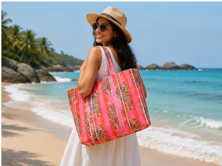 Cotton Tote Bag for Women | Sustainable Quilted Beach & Everyday Pink Tote