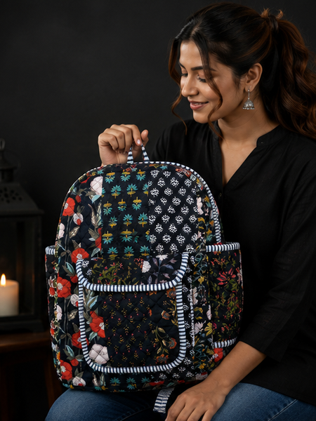 Boho Patchwork Tote Backpack | Handmade Cotton Black Printed Shoulder Bag - kraafty-com