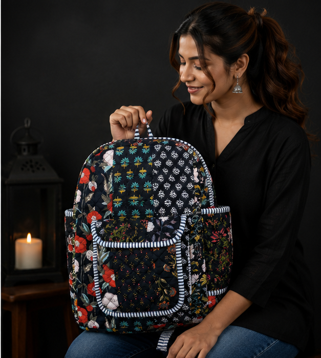 Boho Patchwork Tote Backpack | Handmade Cotton Black Printed Shoulder Bag - kraafty-com