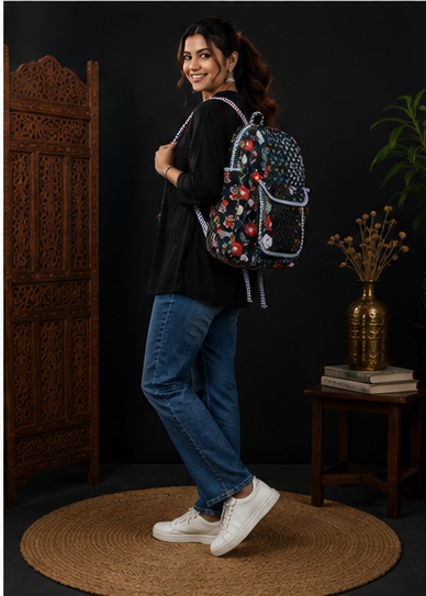 Boho Patchwork Tote Backpack | Handmade Cotton Black Printed Shoulder Bag - kraafty-com