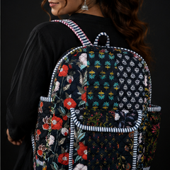 Boho Patchwork Tote Backpack | Handmade Cotton Black Printed Shoulder Bag - kraafty-com