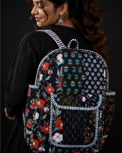 Boho Patchwork Tote Backpack | Handmade Cotton Black Printed Shoulder Bag - kraafty-com