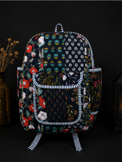 Boho Patchwork Tote Backpack | Handmade Cotton Black Printed Shoulder Bag - kraafty-com