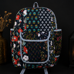 Boho Patchwork Tote Backpack | Handmade Cotton Black Printed Shoulder Bag - kraafty-com