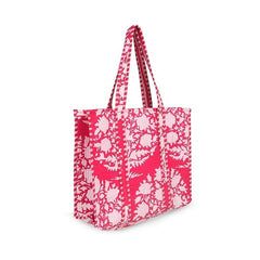 Women Shopping Bag, PINK Cotton Quilted Tote Bag, Indian Handmade Bag, Party Bag, Large Market Bag, Shoulder Bag, Beach Bag, Eco Friendly Tote - 2