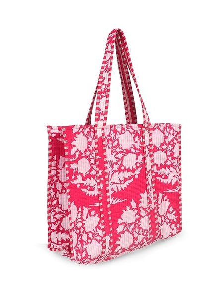 Women Shopping Bag, PINK Cotton Quilted Tote Bag, Indian Handmade Bag, Party Bag, Large Market Bag, Shoulder Bag, Beach Bag, Eco Friendly Tote - 2