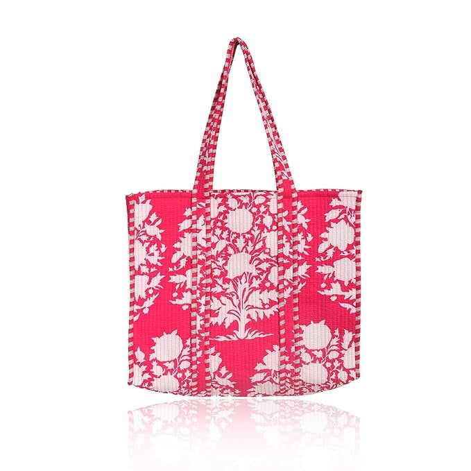 Women Shopping Bag, PINK Cotton Quilted Tote Bag, Indian Handmade Bag, Party Bag, Large Market Bag, Shoulder Bag, Beach Bag, Eco Friendly Tote - 2