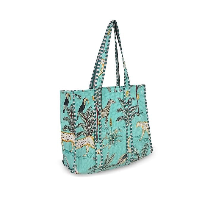 Handmade Indian GREEN Cotton Quilted Tote Bag Eco-Friendly Party, Beach, and Market Shoulder Bag