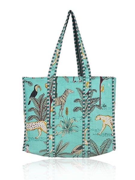 Handmade Indian GREEN Cotton Quilted Tote Bag Eco-Friendly Party, Beach, and Market Shoulder Bag