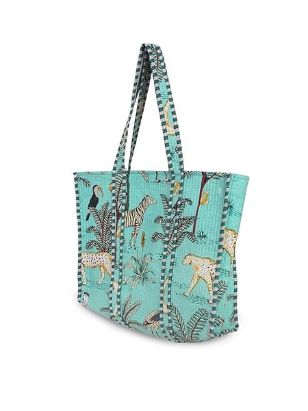 Handmade Indian GREEN Cotton Quilted Tote Bag Eco-Friendly Party, Beach, and Market Shoulder Bag