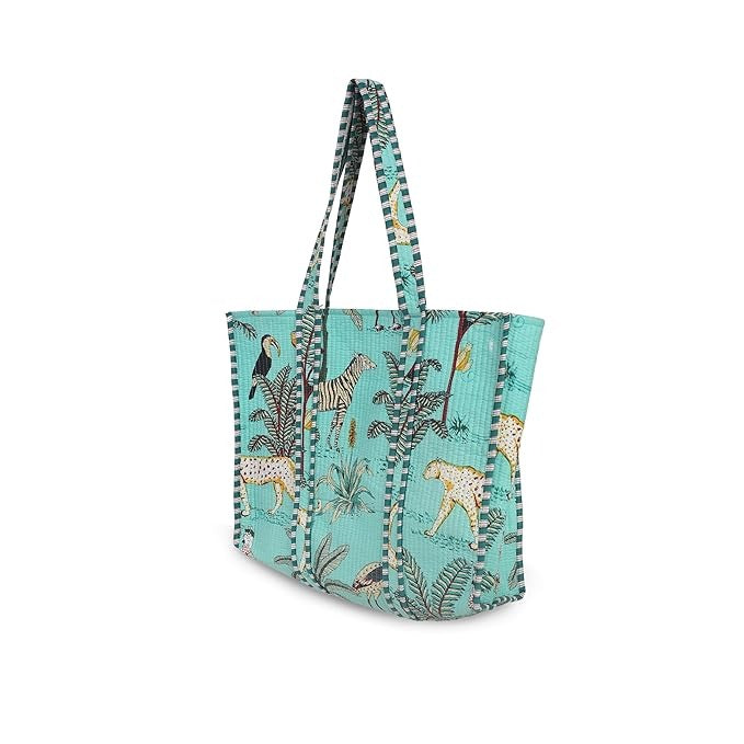 Handmade Indian GREEN Cotton Quilted Tote Bag Eco-Friendly Party, Beach, and Market Shoulder Bag