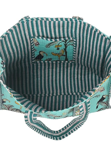 Handmade Indian GREEN Cotton Quilted Tote Bag Eco-Friendly Party, Beach, and Market Shoulder Bag