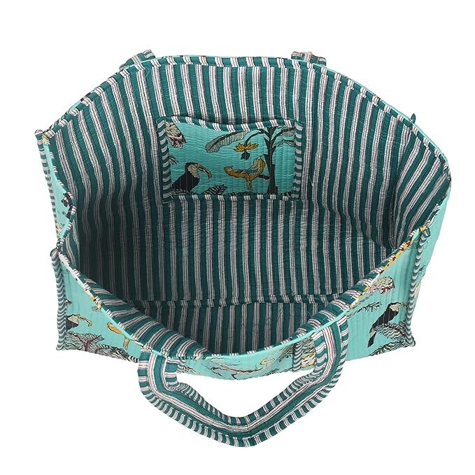 Handmade Indian GREEN Cotton Quilted Tote Bag Eco-Friendly Party, Beach, and Market Shoulder Bag